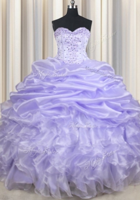 Pretty Lavender Sleeveless Floor Length Beading and Ruffles and Pick Ups Lace Up Quinceanera Dresses