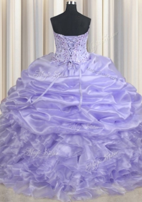 Pretty Lavender Sleeveless Floor Length Beading and Ruffles and Pick Ups Lace Up Quinceanera Dresses