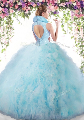 Pretty Tulle High-neck Sleeveless Backless Beading and Ruffles Ball Gown Prom Dress in Baby Blue