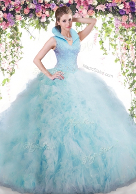 Pretty Tulle High-neck Sleeveless Backless Beading and Ruffles Ball Gown Prom Dress in Baby Blue