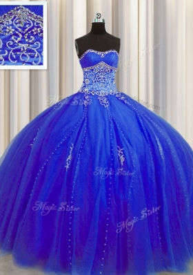 Puffy Skirt Royal Blue Ball Gowns Beading and Appliques Sweet 16 Quinceanera Dress Lace Up Tulle Sleeveless Floor Length