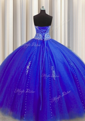 Puffy Skirt Royal Blue Ball Gowns Beading and Appliques Sweet 16 Quinceanera Dress Lace Up Tulle Sleeveless Floor Length