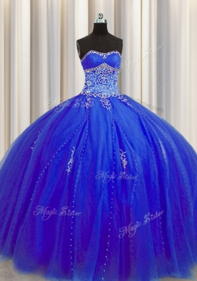 Puffy Skirt Royal Blue Ball Gowns Beading and Appliques Sweet 16 Quinceanera Dress Lace Up Tulle Sleeveless Floor Length