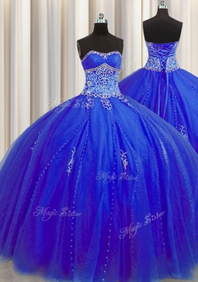 Puffy Skirt Royal Blue Ball Gowns Beading and Appliques Sweet 16 Quinceanera Dress Lace Up Tulle Sleeveless Floor Length