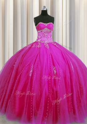 Really Puffy Floor Length Ball Gowns Sleeveless Fuchsia Quinceanera Gowns Lace Up