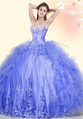 Romantic Blue Ball Gowns Tulle Sweetheart Sleeveless Beading and Ruffles Floor Length Lace Up Vestidos de Quinceanera