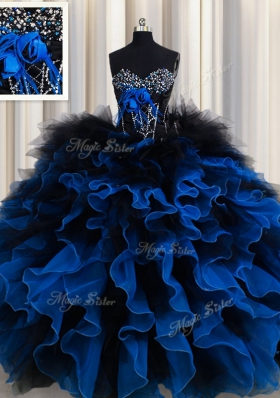 Royal Blue Ball Gowns Organza and Tulle Sweetheart Sleeveless Beading and Ruffles Floor Length Lace Up 15th Birthday Dress