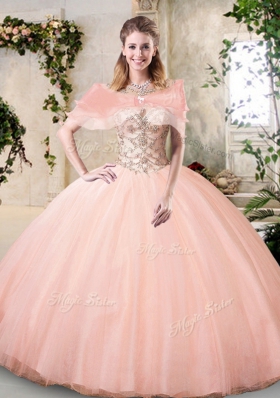 Sexy Scoop Floor Length Lace Up Sweet 16 Dresses Peach and In for Military Ball and Sweet 16 and Quinceanera with Beading