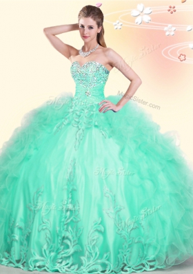 Shining Sleeveless Floor Length Beading and Appliques and Ruffles Lace Up Quince Ball Gowns with Apple Green