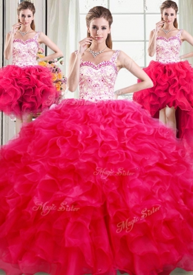 Simple Four Piece Straps Straps Sleeveless Lace Up Floor Length Beading and Ruffles Sweet 16 Dress