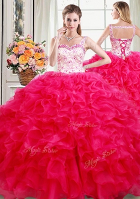 Simple Four Piece Straps Straps Sleeveless Lace Up Floor Length Beading and Ruffles Sweet 16 Dress