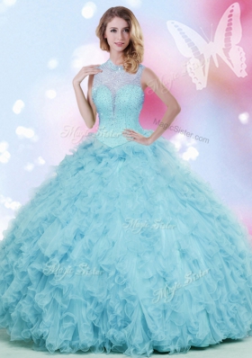 Sleeveless Tulle Floor Length Lace Up Quinceanera Dress in Baby Blue for with Beading and Ruffles