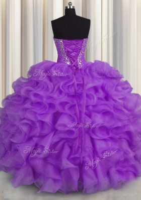 Superior Purple Organza Lace Up 15 Quinceanera Dress Sleeveless Floor Length Beading and Ruffles