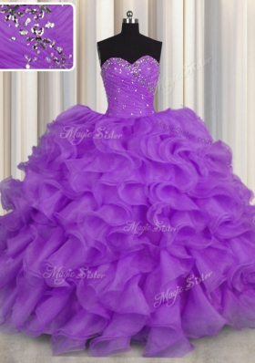 Superior Purple Organza Lace Up 15 Quinceanera Dress Sleeveless Floor Length Beading and Ruffles