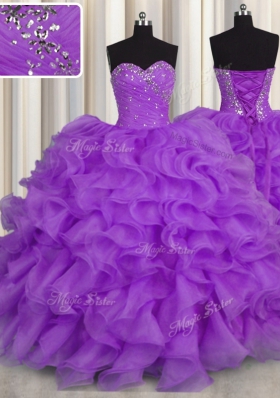 Superior Purple Organza Lace Up 15 Quinceanera Dress Sleeveless Floor Length Beading and Ruffles