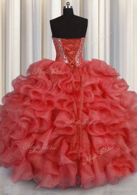 Sweetheart Sleeveless Sweet 16 Quinceanera Dress Floor Length Beading and Ruffles Coral Red Organza