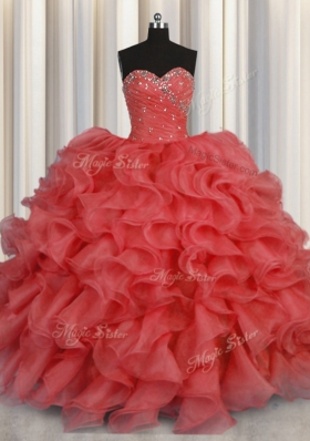 Sweetheart Sleeveless Sweet 16 Quinceanera Dress Floor Length Beading and Ruffles Coral Red Organza