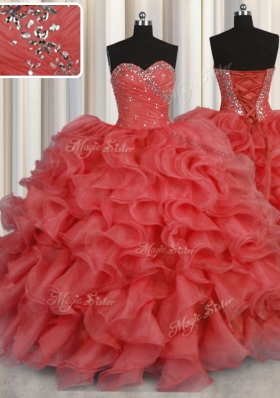 Sweetheart Sleeveless Sweet 16 Quinceanera Dress Floor Length Beading and Ruffles Coral Red Organza