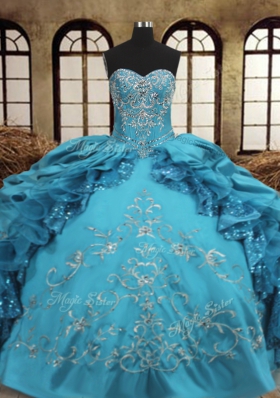 Teal Sweetheart Lace Up Beading and Embroidery and Ruffles Quinceanera Gown Sleeveless