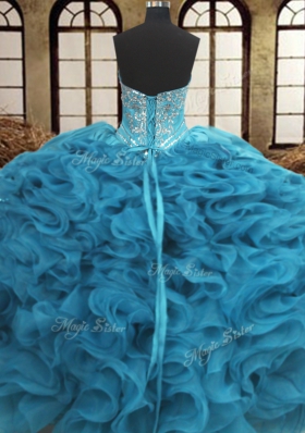 Teal Sweetheart Lace Up Beading and Embroidery and Ruffles Quinceanera Gown Sleeveless