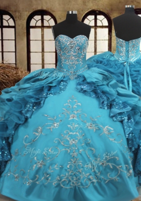 Teal Sweetheart Lace Up Beading and Embroidery and Ruffles Quinceanera Gown Sleeveless