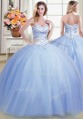 Three Piece Floor Length Lace Up Quinceanera Dresses Light Blue and In for Military Ball and Sweet 16 and Quinceanera with Beading