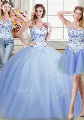 Three Piece Floor Length Lace Up Quinceanera Dresses Light Blue and In for Military Ball and Sweet 16 and Quinceanera with Beading