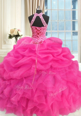 Three Piece Halter Top Sleeveless Lace Up Floor Length Beading and Ruffles and Pick Ups Vestidos de Quinceanera