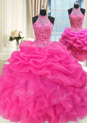 Three Piece Halter Top Sleeveless Lace Up Floor Length Beading and Ruffles and Pick Ups Vestidos de Quinceanera