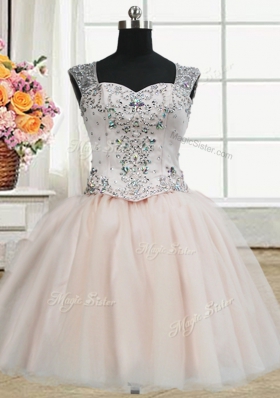 Three Piece Straps Straps Floor Length Pink Quinceanera Gowns Tulle Sleeveless Beading