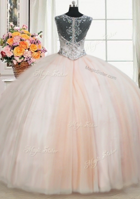 Three Piece Straps Straps Floor Length Pink Quinceanera Gowns Tulle Sleeveless Beading