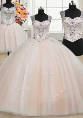 Three Piece Straps Straps Floor Length Pink Quinceanera Gowns Tulle Sleeveless Beading
