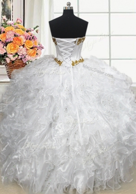 Three Piece White Ball Gowns Sweetheart Sleeveless Organza Floor Length Lace Up Beading and Ruffled Layers 15 Quinceanera Dress