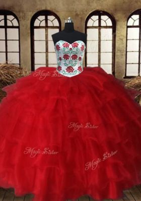 Trendy Three Piece Ruffled Ball Gowns Quinceanera Gown White and Red Sweetheart Organza Sleeveless Floor Length Lace Up