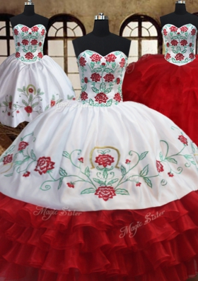 Trendy Three Piece Ruffled Ball Gowns Quinceanera Gown White and Red Sweetheart Organza Sleeveless Floor Length Lace Up