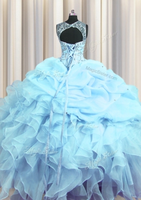 Vintage See Through Scoop Sleeveless Lace Up Quince Ball Gowns Light Blue Organza