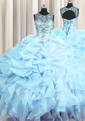 Vintage See Through Scoop Sleeveless Lace Up Quince Ball Gowns Light Blue Organza