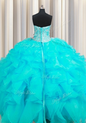 Visible Boning Beaded Bodice Sweetheart Sleeveless Quince Ball Gowns Floor Length Beading and Ruffles Aqua Blue Organza