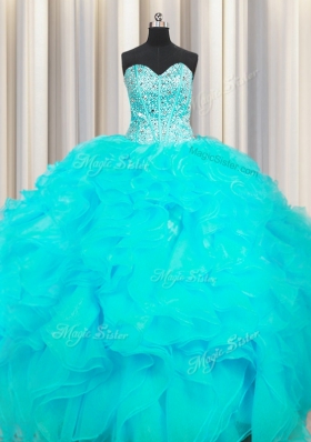 Visible Boning Beaded Bodice Sweetheart Sleeveless Quince Ball Gowns Floor Length Beading and Ruffles Aqua Blue Organza