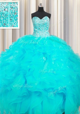 Visible Boning Beaded Bodice Sweetheart Sleeveless Quince Ball Gowns Floor Length Beading and Ruffles Aqua Blue Organza