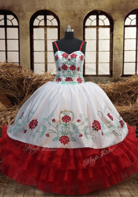 White And Red Sleeveless Embroidery and Ruffled Layers Floor Length Quinceanera Gowns