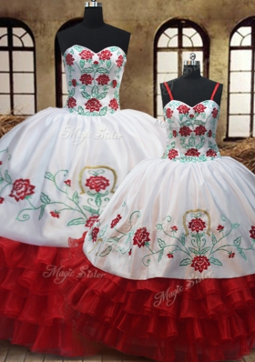 White And Red Sleeveless Embroidery and Ruffled Layers Floor Length Quinceanera Gowns