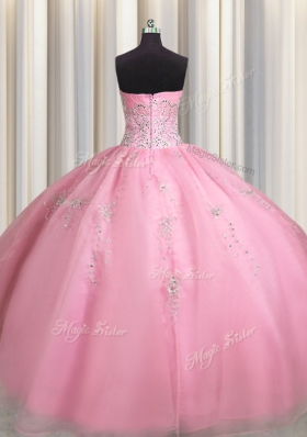 Amazing Rose Pink Organza Zipper Sweetheart Sleeveless Floor Length Quinceanera Gowns Beading and Appliques