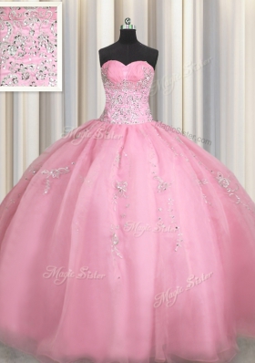 Amazing Rose Pink Organza Zipper Sweetheart Sleeveless Floor Length Quinceanera Gowns Beading and Appliques