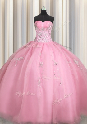 Amazing Rose Pink Organza Zipper Sweetheart Sleeveless Floor Length Quinceanera Gowns Beading and Appliques