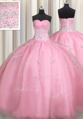 Amazing Rose Pink Organza Zipper Sweetheart Sleeveless Floor Length Quinceanera Gowns Beading and Appliques