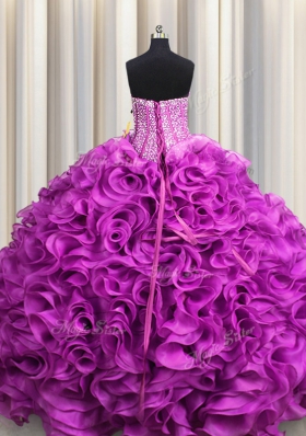 Amazing Visible Boning Floor Length Fuchsia Vestidos de Quinceanera Organza Sleeveless Beading and Ruffles