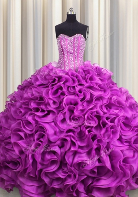 Amazing Visible Boning Floor Length Fuchsia Vestidos de Quinceanera Organza Sleeveless Beading and Ruffles