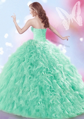 Apple Green Sweetheart Lace Up Beading and Ruffles Sweet 16 Dress Brush Train Sleeveless