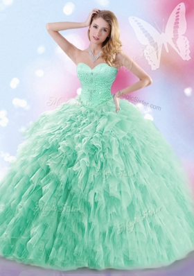 Apple Green Sweetheart Lace Up Beading and Ruffles Sweet 16 Dress Brush Train Sleeveless